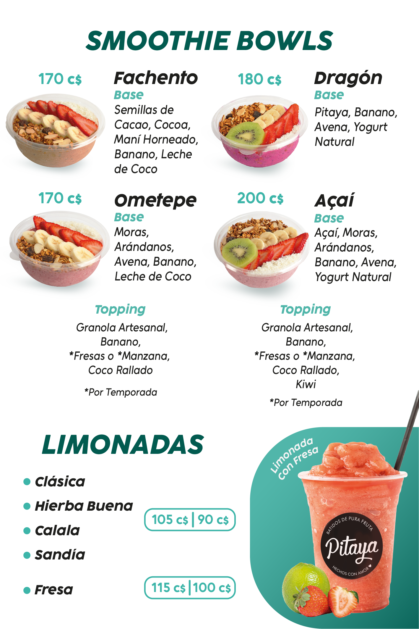 Menu batidos Pitaya